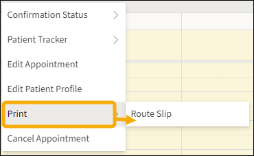 Quick Actions menu with yellow highlight box around the Print menu option and a yellow arrow pointing towards the Route Slip option.